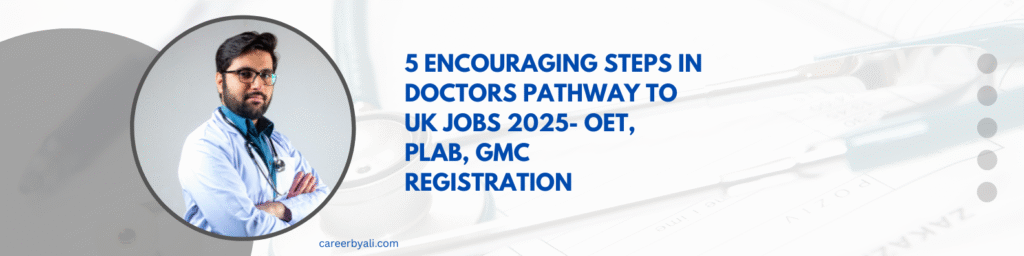 Blue & white professional doctor Abstract LinkedIn Banner Doctors Pathway to UK jobs