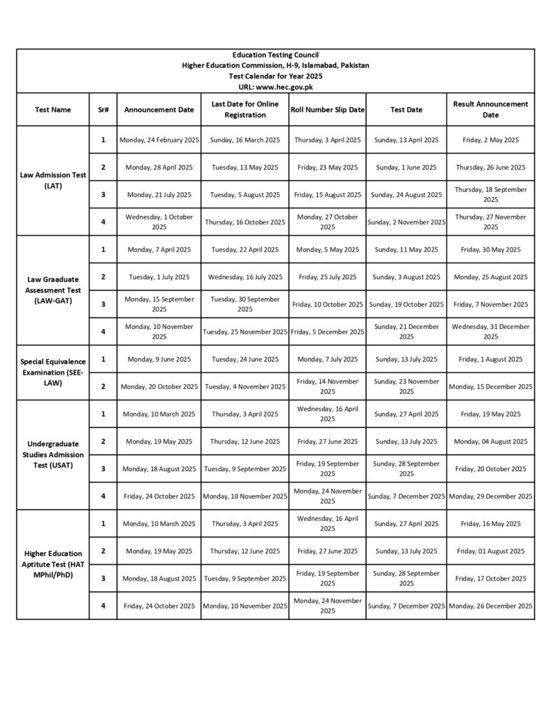 Hec test Schedule 2025